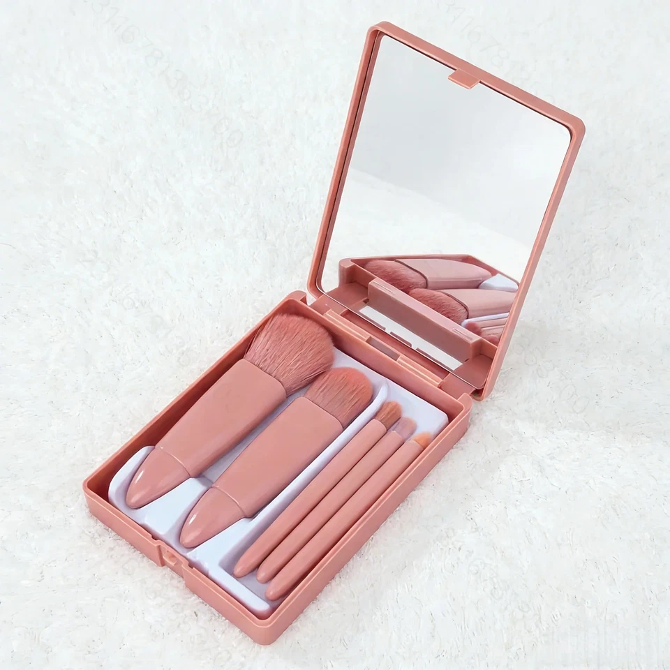 5pcs Pink Makeup Brush Set Mirror Compact Soft Bristles Blush Eye Foundation - Image 2 of 4