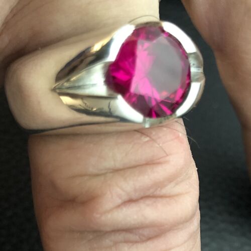 MJG STERLING SILVER MEN'S RING.V GROOVE 10MM LAB RUBY PRONG SET. SIZE 10 - Picture 7 of 8
