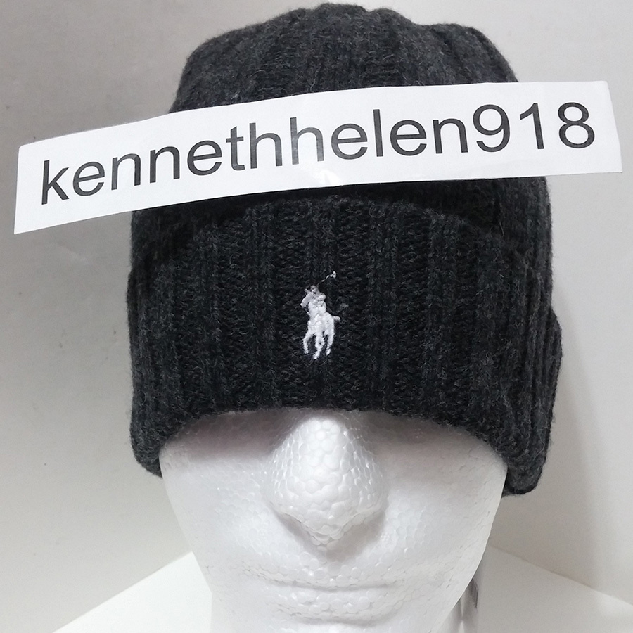 CAPPELLO BERRETTO POLO RALPH LAUREN UOMO INVERNALE LANA PONY LOGO GRIGIO SCURO BIANCO PONY