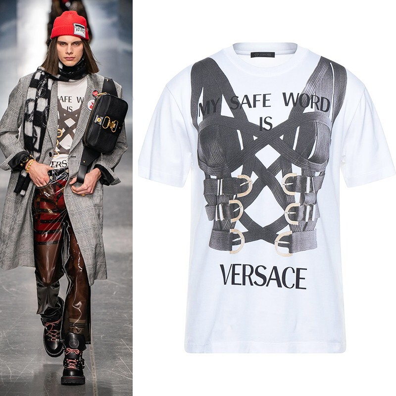 S NEW $650 VERSACE RUNWAY Men's SAFE WORD Corset BONDAGE PRINT T