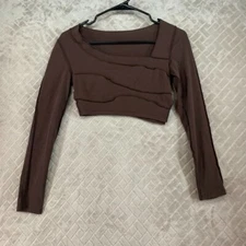 Shein Womens S T Shirt Brown Long Sleeve Cropped Inverted Seam Asymmetric Neck