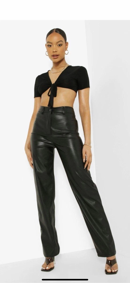 WIDE LEG FAUX LEATHER PANTS -Black Trouser High Rise- Size 10