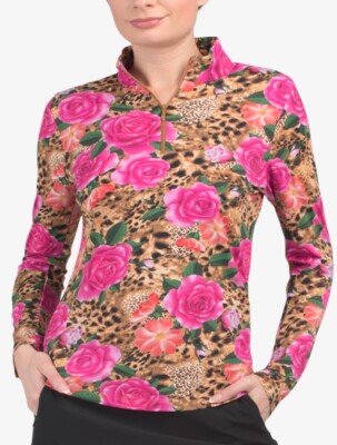 NWT IBKUL Golf Tennis 1/4 Zip Pullover Top S M L XL Leopard Rose Longsleeve P4