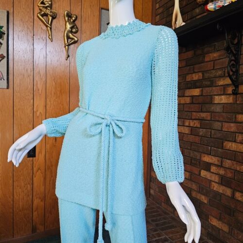 Vtg 60s 70s Mod Youthquake Powder Blue Boucle Knit Tunic Top Dress Pantsuit M - Picture 4 of 10