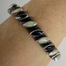 Vtg Mexico HOB Sterling Silver 925 Black White Marquise Rhinestone Cuff Bracelet
