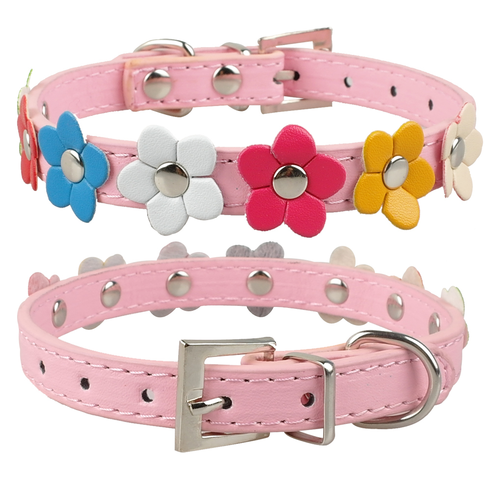 Leather Puppy Dog Collars with Cute Flower for Puppy Small Breeds Dogs