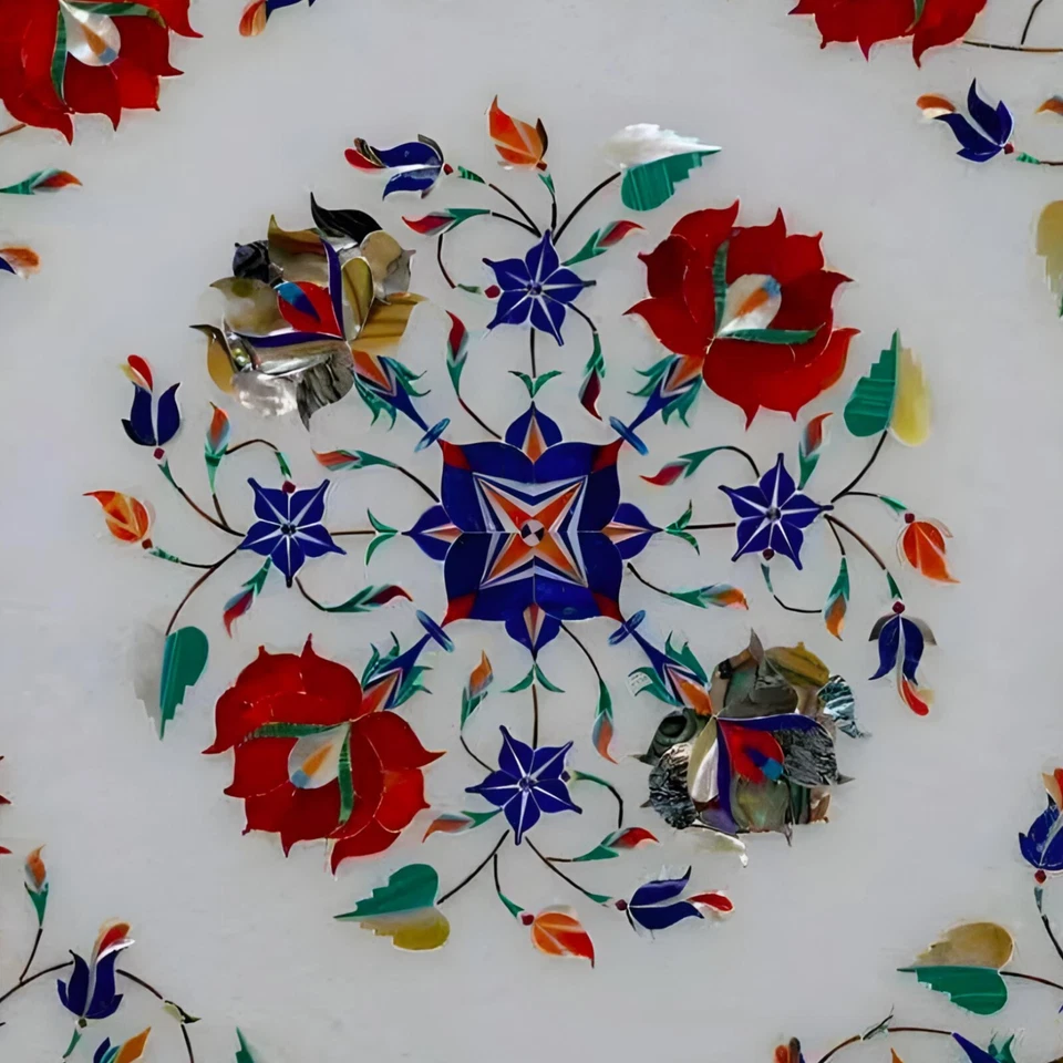 Octagon White Marble Table Top | Handmade Abalone Shell & Carnelian Inlay | Luxu - Image 2 of 4