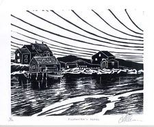 Dramatic OLD FISHING VILLAGE Boats Scene. ORIGINAL Impressionist LINOCUT Signed