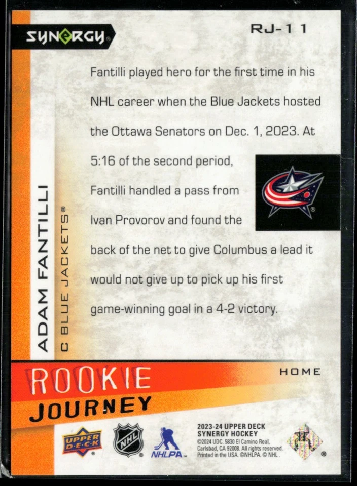 2023-24 Upper Deck Synergy Rookie Journey Home #RJ-11 Adam Fantilli RC 678/999 - Image 2 of 2