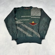 Vintage Abstract Knitted Jumper Patterned Grandad Knit Sweater Men's L