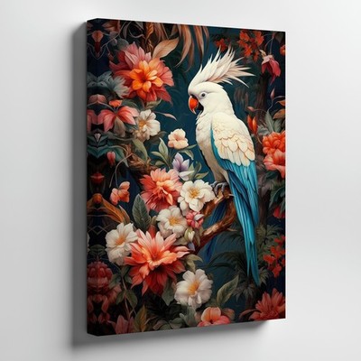 Exotic White Cockatoo Bird With Tropical Flowers Nature Canvas Wall Art Print