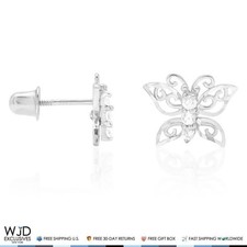 14K White Gold Diamond-Cut White Zircon Butterfly Screw Back Stud Earrings