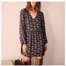 Sezane Navy Floral Penelope Ocher Silk V Neck Mini Dress Size 40 EUC