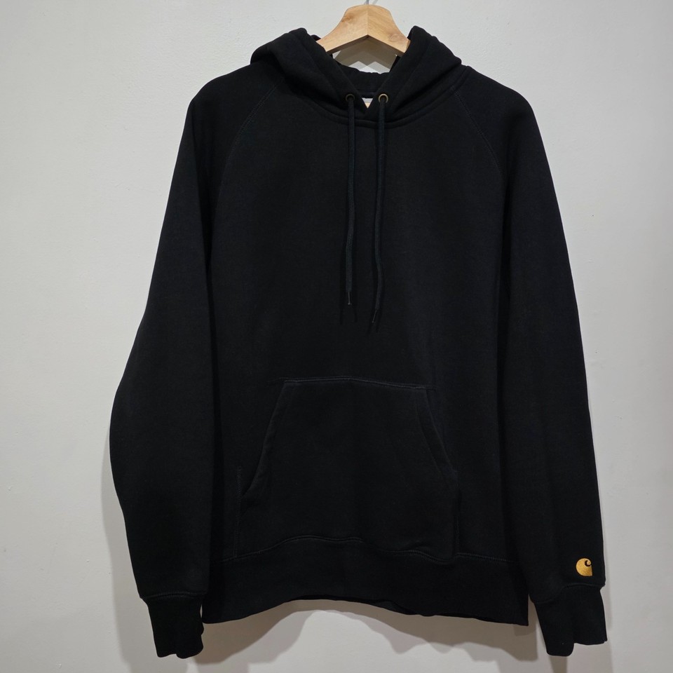 Carhartt WIP Hooded Chase Sweat Mens M Black Pullover Hoodie Gold Logo 440 GSM