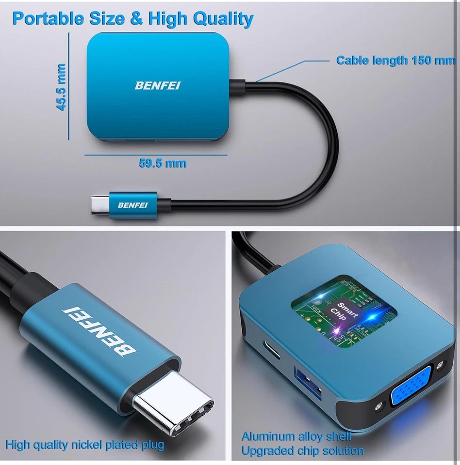 USB C HUB 4-In-1, USB Type-C to HDMI VGA Adapter, USB C to USB Adapter, USB Type - Image 4 of 4
