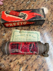 Presto Fire Extinguisher w/ Box, "Guaranteed for 20 Years" Paper, Firefighting