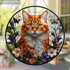 8x8 Orange Tabby Cat Suncatcher with Butterfly Farmhouse Garden Decoration