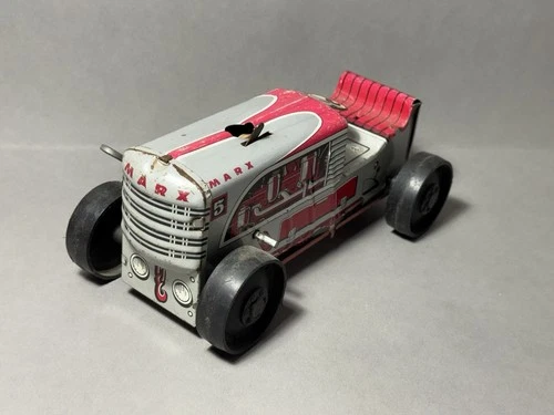 Vintage Tin Marx Tractor No. 5 Windup Toy Red & Silver 1950s