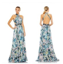 NWT Mac Duggal Sz 6 Blue Floral 68089 Halter Maxi Gown Backless Beaded Dress