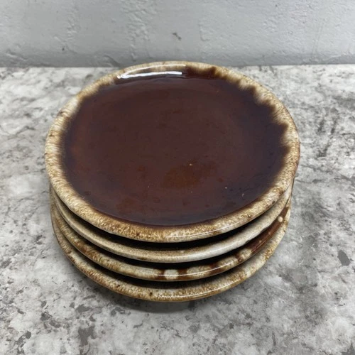 4 Vintage Hull Pottery Oven Proof 6 3/4" Bread & Butter Plates Brown Drip