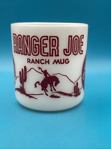 Vintage Hazel Atlas Ranger Joe Mug Milk Glass Red Decal Cowboy Western