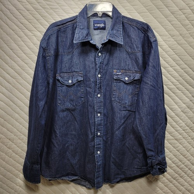 #ad Wrangler Western Shirt Pearl Snap 2XL Long Sleeve Blue Jean Denim $22.39