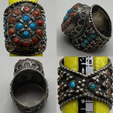 UNIQUE ANTIQUE NEAR EASTERN TURQUOISE AND Coral  STONE  ROMAN SOLID SILVER RING