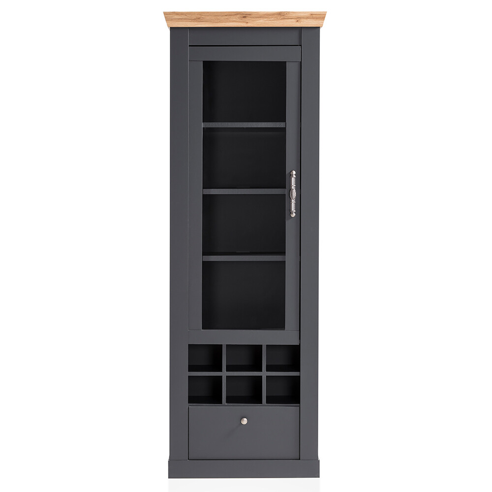 Vitrine Wohnzimmer Hochschrank 1 Tür 1 Schublade 1 Flaschenfach anthrazit Eiche