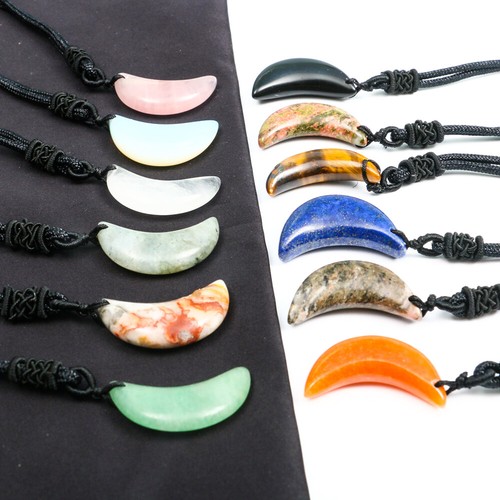 Natural Stone Crescent Moon Stone Pendant Healing Crystal Quartz Reiki Necklace - Picture 9 of 22