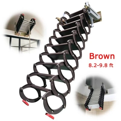 PREASION 10ft Attic Pull Down Ladder 12Step Wall Mounted Folding Loft Ladder Stairs Brown