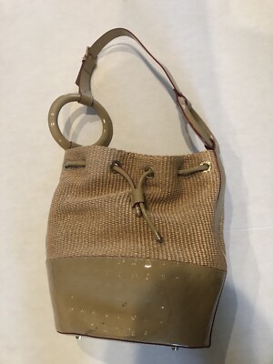 Arcadia Woven Bucket Bag Round Top Handle or Shoulder Purse Patent Leather      