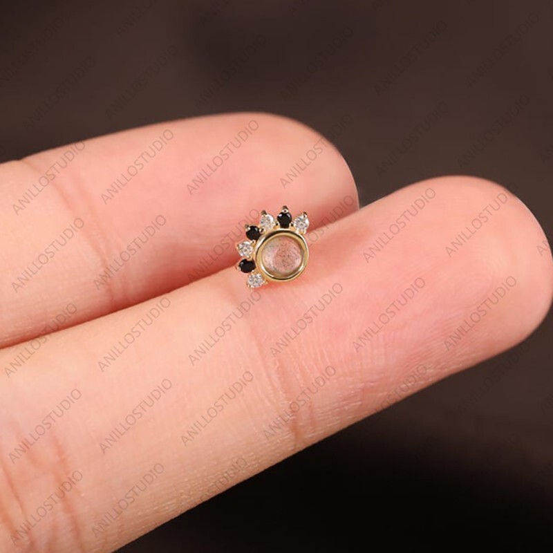 14K Gold Natural Labradorite Black Spinel Pet Pow Stud Piecing For  Helix,conch