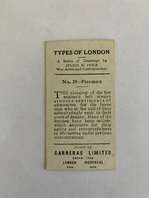 1919 Black Cat Cigarettes Types of London #29 Fireman