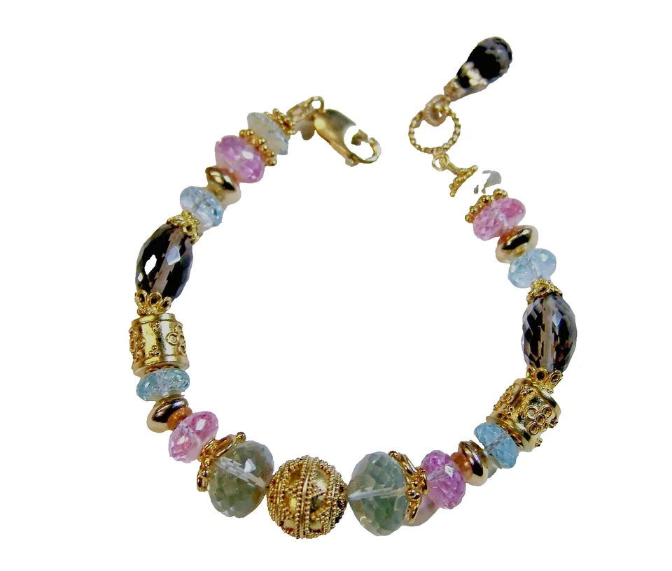 Sterling Silver Green Amethyst Blue Pink Topaz Quartz Bali Vermeil Bracelet - Image 3 of 4