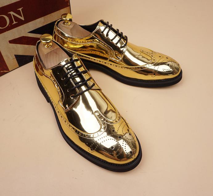 mens gold silver oxford Brogue wing tip lace up casual dress