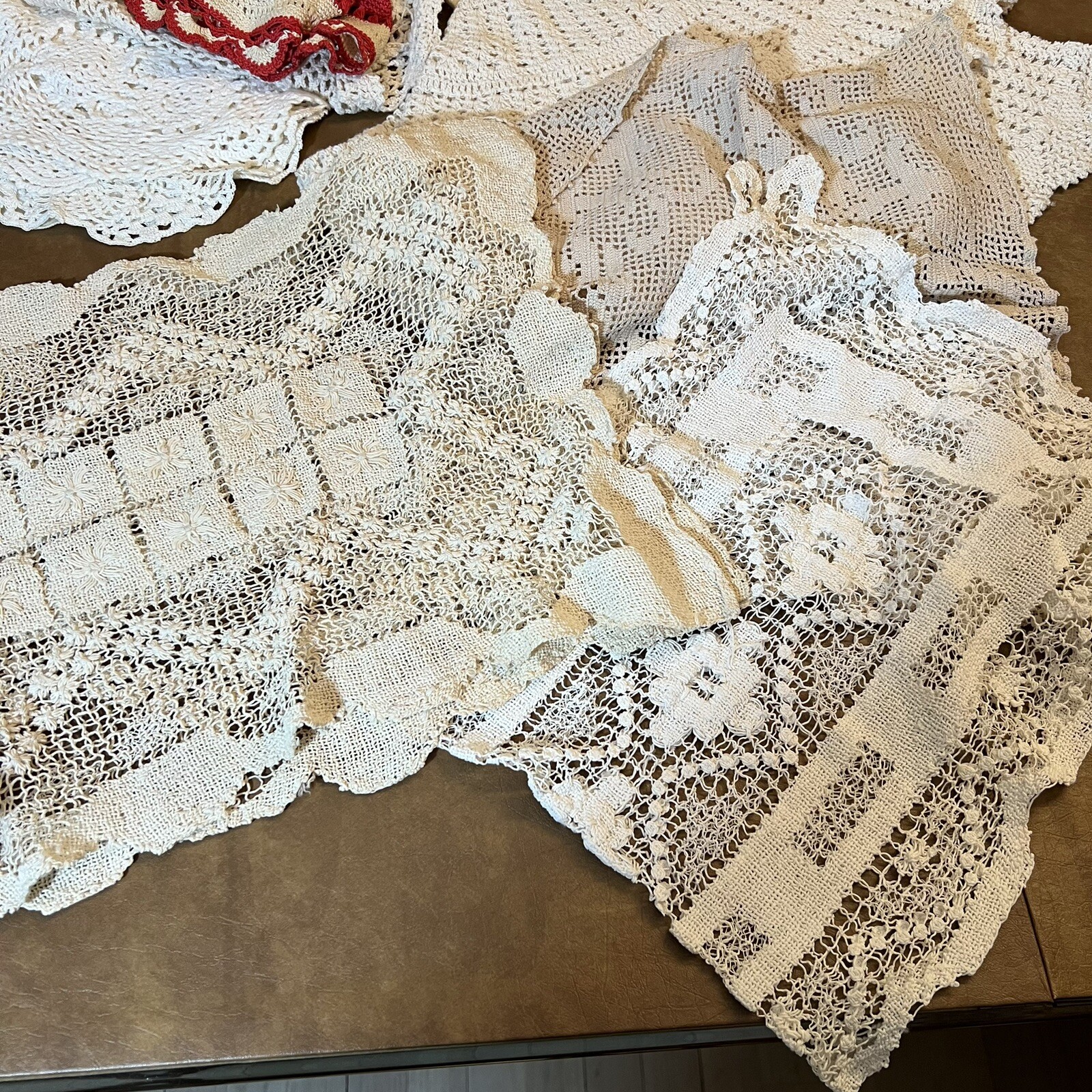 Lot 23 Assorted Doilies Lace Table Runners Napkins Embroidery Red Yellow Accents