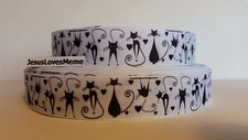 Grosgrain Ribbon, Black Kitty Cats  Black Hearts, Cats with Long Whiskers, 7/8"