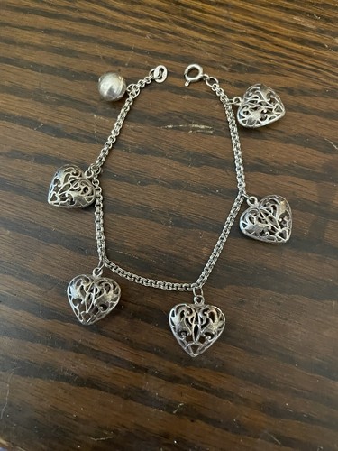 925 Sterling Silver 3D Heart Charm Bracelet Free Shipping 7” - Picture 3 of 8