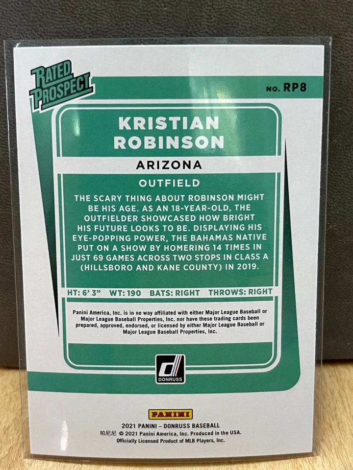 2021 Donruss Kristian Robinson Rated Prospect Diamond Holo RP8 Arizona - Image 2 of 2