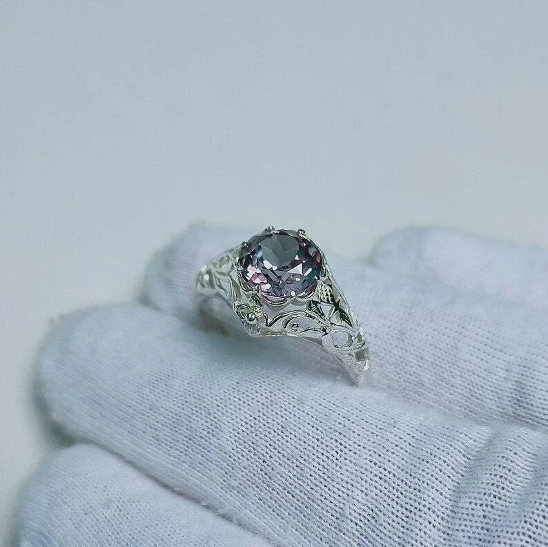 Alexandrite Ring, 925 Sterling Silver Ring, Lab Created  Round Alexandrite Ring - Image 3 of 4