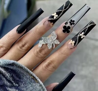 Black Gold And Silver Butterfly Press On Medium Square Nails