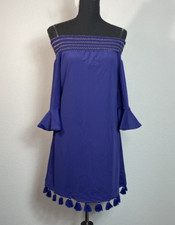 Cabana Life Smocked Tassel Off The Shoulder Dress Small Blue Gold Beach Vacation