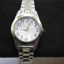Women's Silver Tone Expansion Band Watch White Dial Gold Bezel Analog Quartz