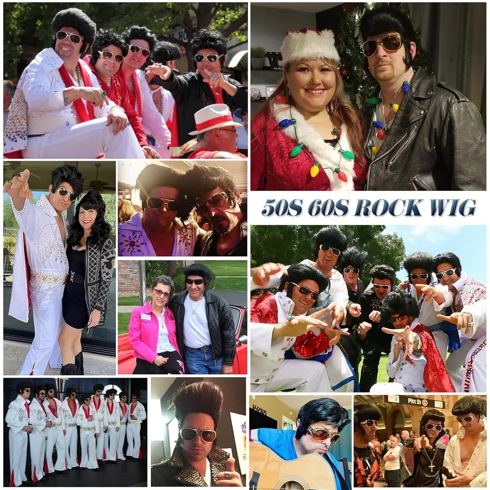 Peluca de roca Elvis Presley Halloween años 50 60 con gafas y collar cantante Foto 3 de 4