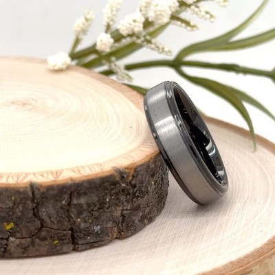 6mm Black & Silver Tungsten Ring Brushed Polished Finish Christmas Gifts Band