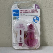 MAM Pacifiers Clip Set I Love Mommy 2 Clips Pink 0 Months BPA FREE New Sealed