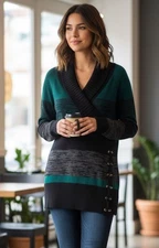 Style & Co Petite Sweater Size L Striped Shawl Collar Lace-Up NWT