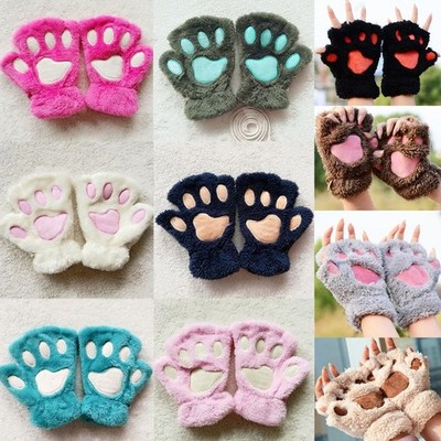 Women Girls Lovely for Cat Paw Claw Thick Half Fingerless Gloves Fluffy Plush Mi