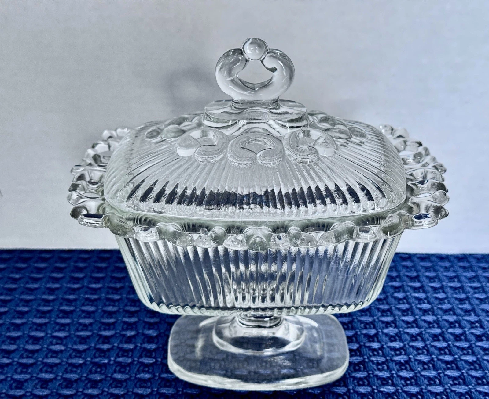 Vintage Pressed Glass Covered Dish Pedestal Heart Rim Olive Candy Butter