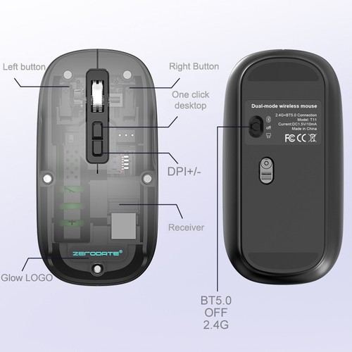 1 Pcs Transparent Wireless Mouse Bluetooth-compatible Rechargeable Mouse - Zdjęcie 5 z 9
